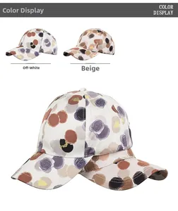 Detailed color display of off-white and beige baseball caps with abstract floral print