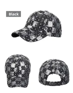 Detailed multi-angle views of black sequin baseball cap with adjustable back strap