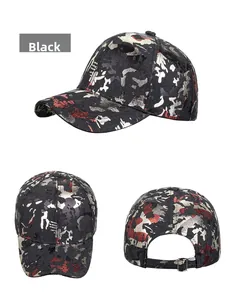 Detail view of camouflage baseball cap with reflective pattern and metal adjustable buckle