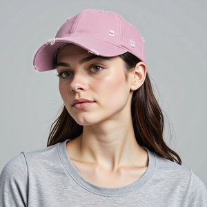 Nahaufnahme der rosa gewaschenen Baumwollkappe mit Distressed-Kanten und Vintage-Details
