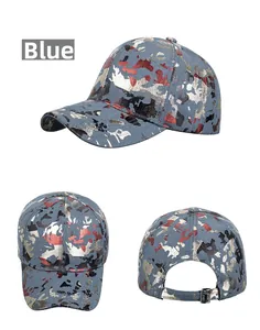 Macro view of reflective camo foil patterns and adjustable metal buckle on blue baseball cap
