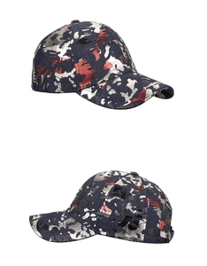 Side view of reflective camouflage baseball cap with metallic graffiti patterns