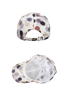 Detail of baseball cap with colorful dot print, metal buckle and mesh lining