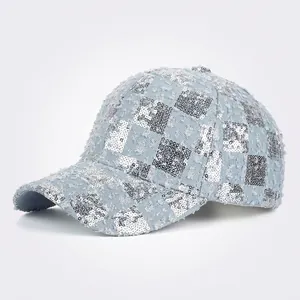 Ethnic Style Sequin Baseball Cap Distressed Denim Look Checkerboard Sun Protection Adjustable Outdoor Women Sun Hat