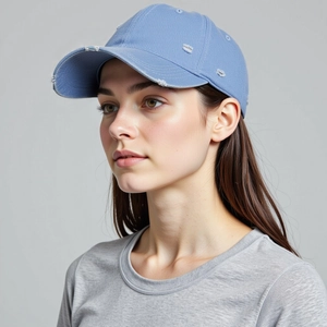 Detail einer hellblauen gewaschenen Baseballkappe mit abgenutzter Krempe und Vintage-Löchern