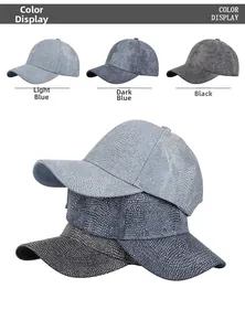 Detailed color display of glitter texture baseball caps in light blue, dark blue and black