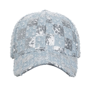 Ethnic style light blue denim baseball cap with silver sequins and distressed details