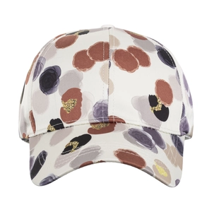 Women's cream baseball cap with abstract floral print and gold foil accents for sun protection