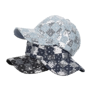 Denim baseball caps with silver sequin checkerboard pattern in light and dark blue