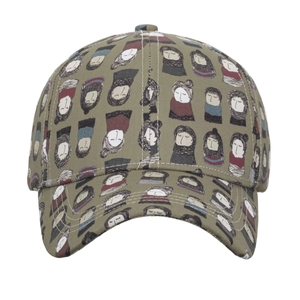 Casquette baseball vert olive avec imprimé de personnages et visière incurvée