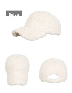 Three-angle views of a beige fuzzy lamb wool baseball cap showing plush texture detail