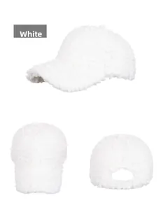 Detailed multi-angle views of white fuzzy faux lamb wool baseball cap for winter warmth