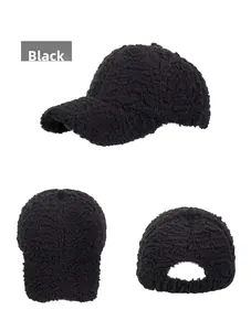 Three-angle view of a black fuzzy fleece baseball cap showing brim and texture