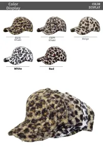 Detailed color display of five leopard print plush baseball caps in faux fur material