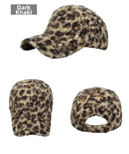 Multiple views of fuzzy leopard print baseball cap in deep khaki color with teddy fleece texture