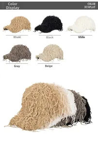 Detailed color display of plush baseball caps with long fringes in five neutral shades