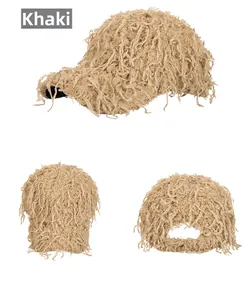 Detailed views of a khaki faux fur baseball cap with long shaggy fringe texture