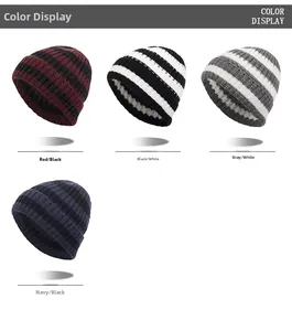 Detailed knit texture of four striped beanies in red, black, grey and navy colors