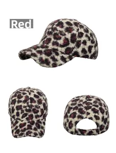 Three-angle view of leopard print plush baseball cap with red spots and curved back opening