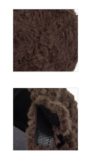 Detail view of the plush brown faux fur texture and internal adjustable velcro strap
