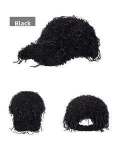 Detailed views of black shaggy faux fur baseball cap from front, side and back angles