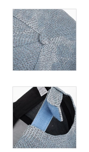Detail of blue sequin baseball cap showing adjustable velcro strap and fabric texture