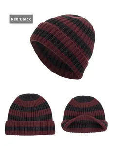 Detailed multi-angle views of red and black striped thick knitted beanie for winter