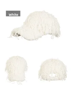 Three-view layout of white faux fur baseball cap showing plush texture and structure