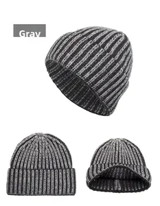 Detailed views showing the grey and black ribbed knit texture of this warm winter beanie cap