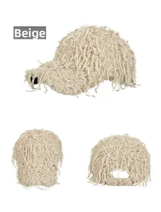 Detailed multi-angle views of a beige faux fur baseball cap with long plush texture