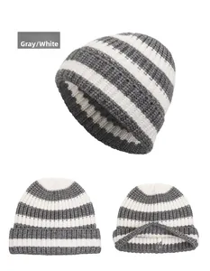 Macro view of gray and white striped knit beanie showing texture and thick folded edges