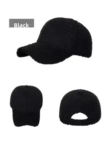 Detailed views of black fuzzy faux shearling baseball cap showing multi-angle textures