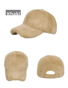 Three-angle view of khaki faux mink fur baseball cap with plush texture and adjustable strap