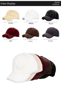 Color options of plush faux rabbit fur baseball caps in khaki white black and purple