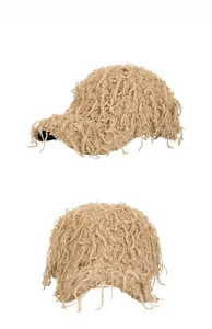 Detailed view of khaki faux fur baseball cap with long fluffy fringe and soft plush texture