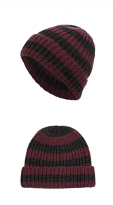 Close-up of thick ribbed texture and burgundy striped knit pattern on the winter beanie