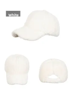 Three-angle view of a white faux fur baseball cap showing front, side, and back details