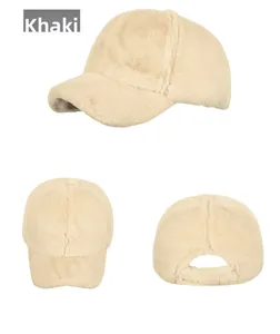 Three-way view of a khaki plush winter baseball cap showing thick faux rabbit fur and back buckle