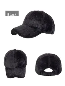 Three views of a plush black faux mink fur baseball cap with a warm thermal texture