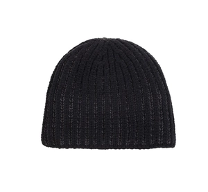 Detailed close-up showing the classic ribbed texture of this warm black knitted beanie hat