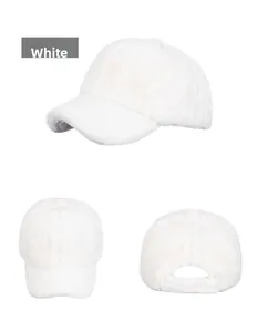 Detailed views of a white faux rabbit fur baseball cap showing soft texture and back strap