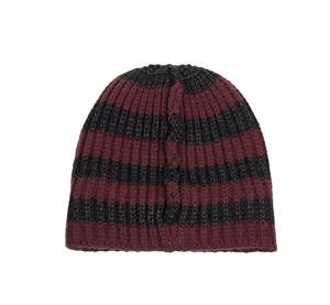 Detail view of the chunky ribbed knit texture and dark red striped pattern on this beanie