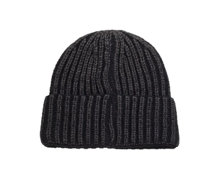 Detailed close-up showing the thick ribbed knit texture of this dark grey winter beanie