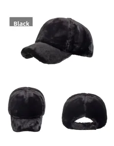 Detailed views of a black faux rabbit fur baseball cap showing soft plush texture