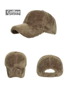 Detailed views of coffee faux mink fur baseball cap with adjustable back closure