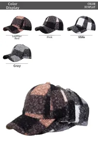 Close-up of plush plaid baseball cap showing four different color textured wool fabrics