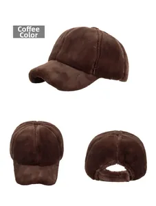 Three-way view of coffee plush baseball cap showing soft faux fur and adjustable strap