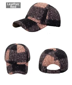 Detailed views of color-block fleece baseball cap in deep red with warm texture