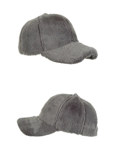 Detail view of the thick faux mink fur texture and gray baseball cap stitching design