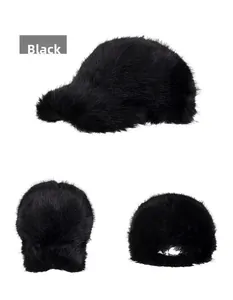 Detail view showing black plush baseball cap texture and warm faux fur material from three angles